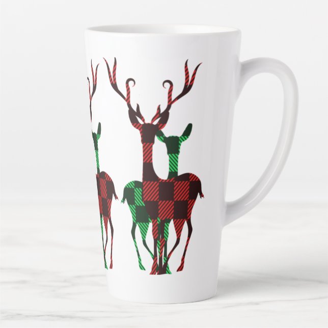 Elegant Red & Green Buffalo Plaid Reindeer Couple Latte Mug (Right)