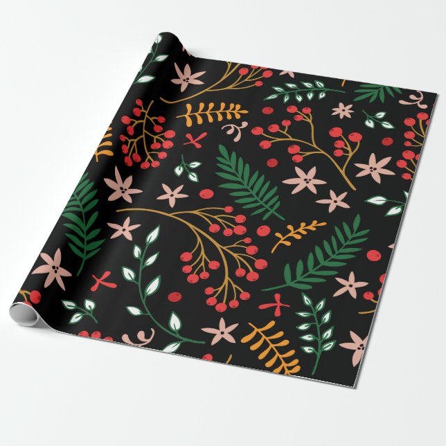 Elegant Red Green Christmas Holly Berries Gift Wrapping Paper (Unrolled)