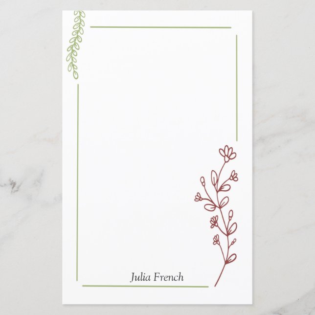 Elegant Red Green Floral Botanical Stationery (Front)