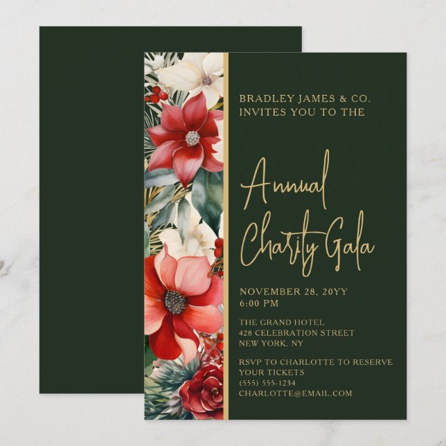 Elegant Red Green Floral Charity Event Gala Party Invitation (Front/Back)