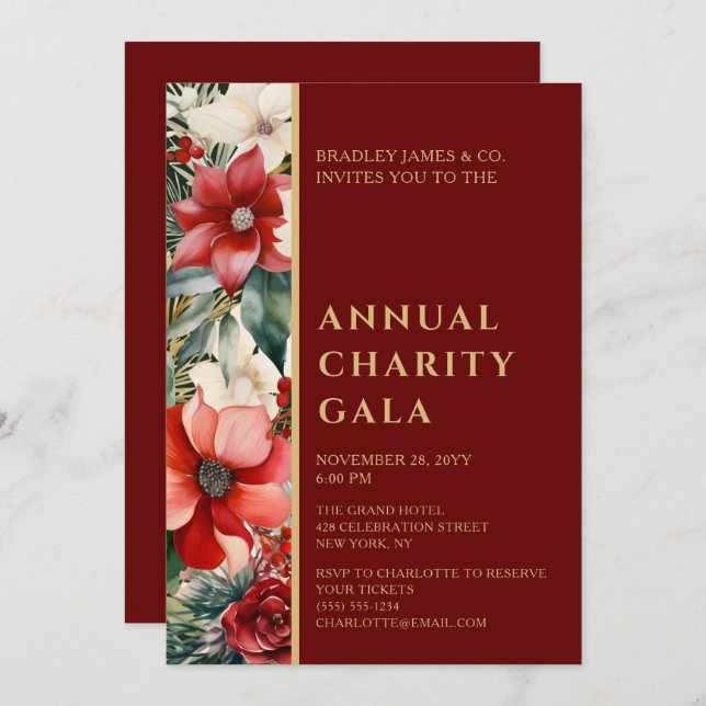 Elegant Red Green Floral Charity Event Gala Party Invitation (Front/Back)
