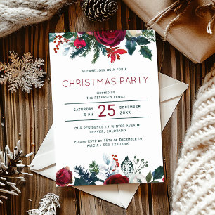 Elegant red green floral Christmas party Invitation