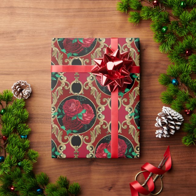 Elegant Red Green Floral Roses Holiday Wrapping Paper (Holiday Gift)