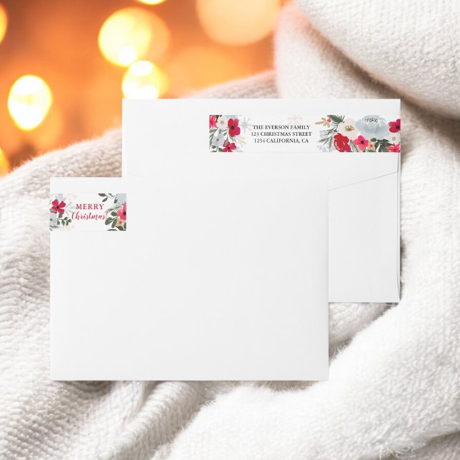 Elegant Red Green floral snowflake Christmas Wrap Around Label (Elegant Red Green floral snowflake Christmas Wrap Around Label)