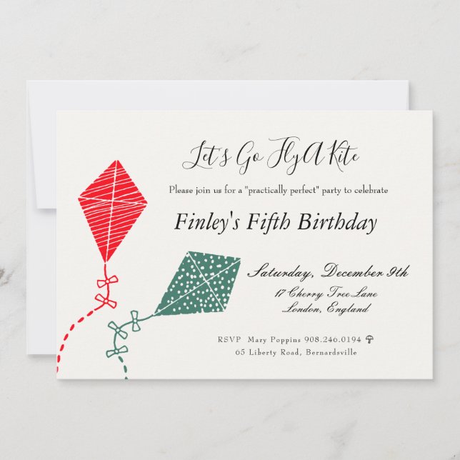 Elegant Red Green Flying Kite Sky Birthday Invitation (Front)