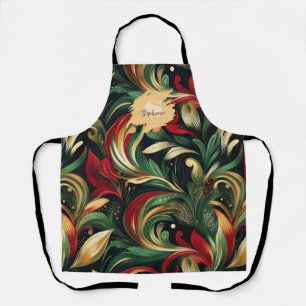 Elegant Red, Green & Gold Abstract Paisley Leaves Apron