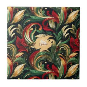 Elegant Red, Green & Gold Abstract Paisley Leaves Ceramic Tile