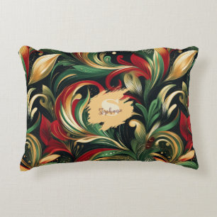 Elegant Red, Green & Gold Abstract Paisley Leaves Decorative Cushion