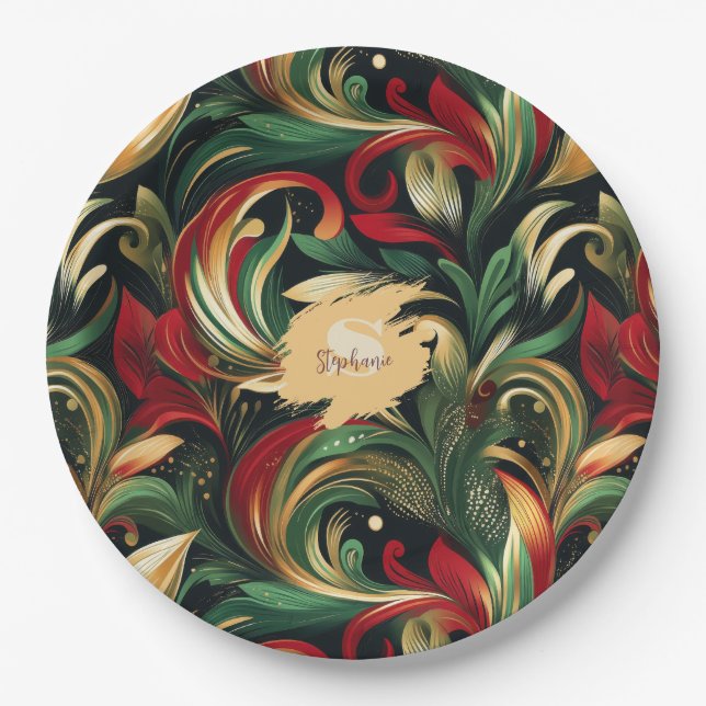 Elegant Red, Green & Gold Abstract Paisley Leaves Paper Plate (Front)