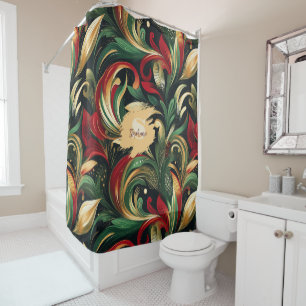 Elegant Red, Green & Gold Abstract Paisley Leaves Shower Curtain