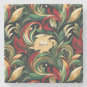 Elegant Red, Green & Gold Abstract Paisley Leaves Stone Coaster