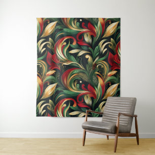 Elegant Red, Green & Gold Abstract Paisley Leaves Tapestry
