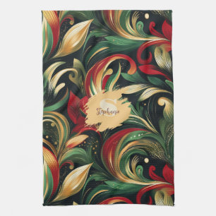Elegant Red, Green & Gold Abstract Paisley Leaves Tea Towel