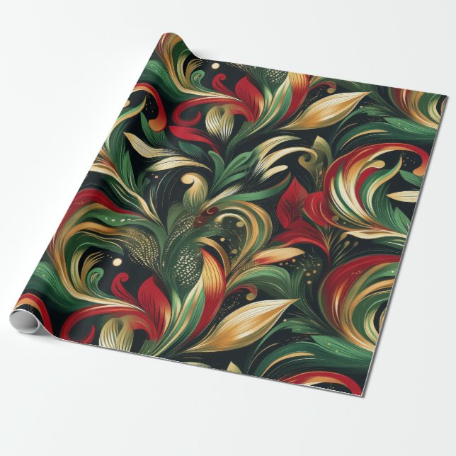 Elegant Red, Green & Gold Abstract Paisley Leaves Wrapping Paper (Unrolled)