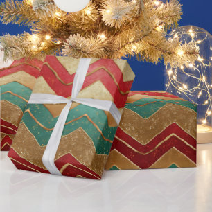 Elegant Red Green Gold Chevron Pattern Wrapping Paper