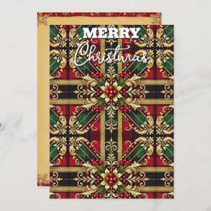 Elegant Red Green Gold Festive Plaid Holiday Card