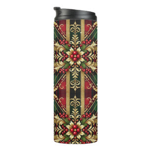 Elegant Red Green Gold Festive Plaid  Thermal Tumbler