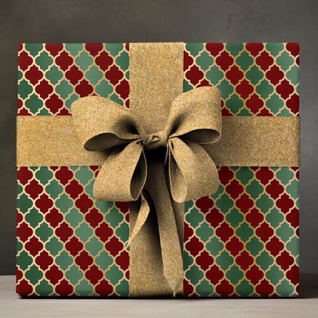 Elegant Red Green Gold Luxury Quatrefoil Pattern Wrapping Paper (Creator Uploaded)