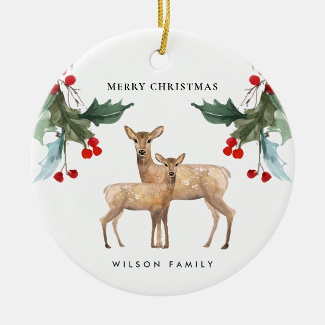 ELEGANT RED GREEN HOLLY BERRY DEER DUO CHRISTMAS CERAMIC ORNAMENT (Front)