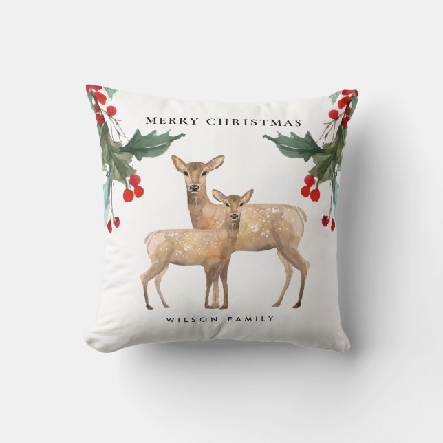 ELEGANT RED GREEN HOLLY BERRY DEER DUO CHRISTMAS CUSHION (Front)