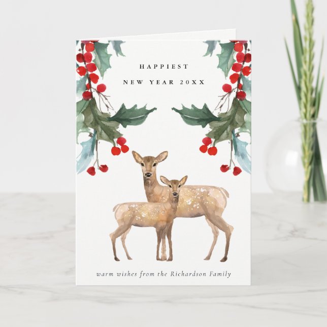 ELEGANT RED GREEN HOLLY BERRY DEER DUO NEW YEAR CARD (Front)