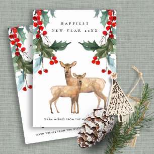ELEGANT RED GREEN HOLLY BERRY DEER DUO NEW YEAR HOLIDAY CARD