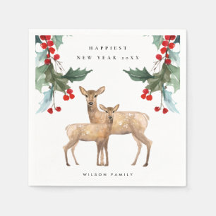 ELEGANT RED GREEN HOLLY BERRY DEER DUO NEW YEAR NAPKIN