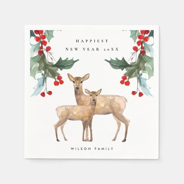 ELEGANT RED GREEN HOLLY BERRY DEER DUO NEW YEAR NAPKIN (Front)