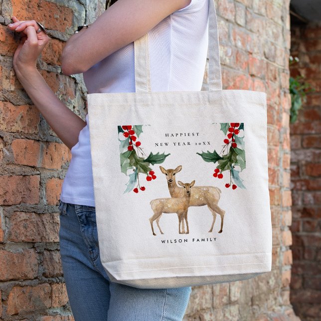 ELEGANT RED GREEN HOLLY BERRY DEER DUO NEW YEAR TOTE BAG (Creator Uploaded)