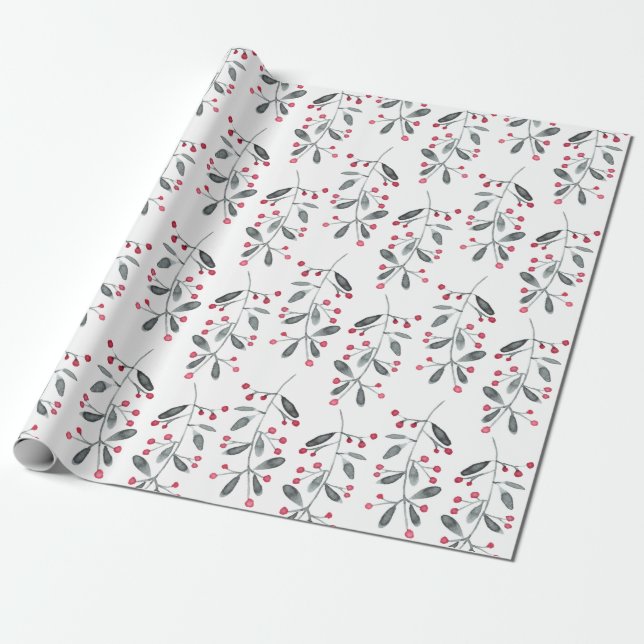Elegant Red & Green Holly Branch Christmas Pattern Wrapping Paper (Unrolled)