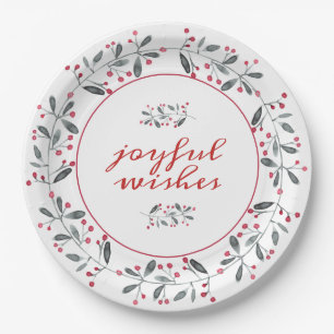 Elegant Red & Green Holly Wreath Christmas Paper Plate