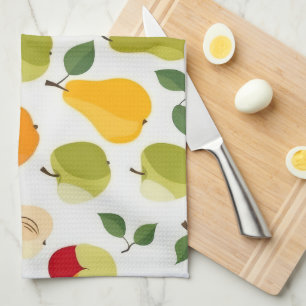 Elegant Red Green Orange Apples Pears Pattern  Tea Towel