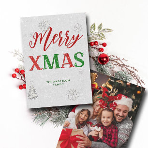 Elegant Red Green Rhinestone Merry Christmas Photo Holiday Card