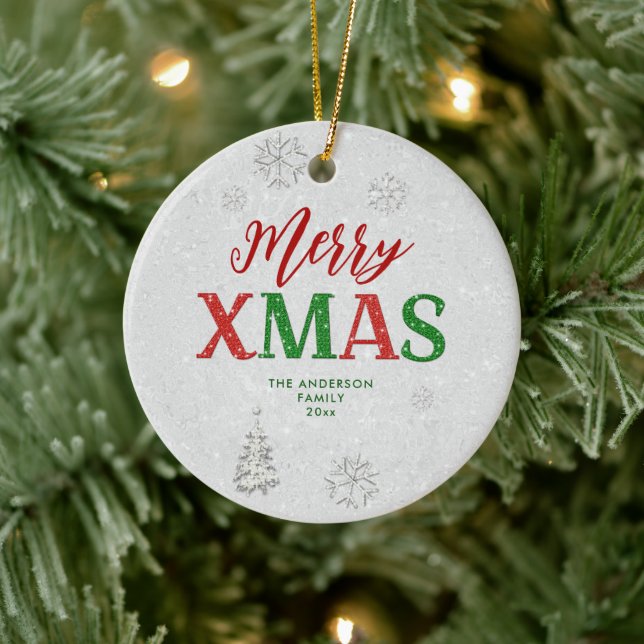 Elegant Red Green Rhinestone Merry White Christmas Ceramic Ornament (Tree)