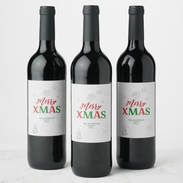 Elegant Red Green Rhinestone Merry White Christmas Wine Label (Bottles)