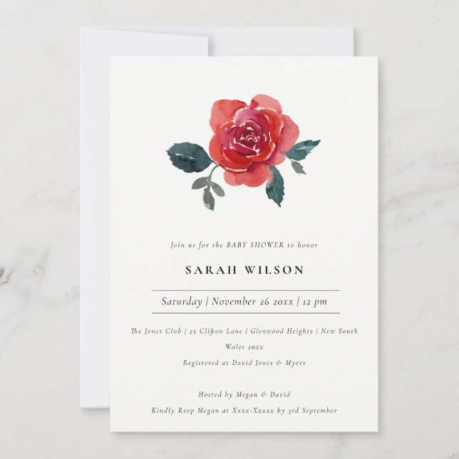 ELEGANT RED GREEN ROSE FLORAL BABY SHOWER INVITE (Front)