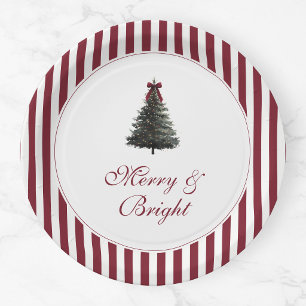 Elegant Red Green Watercolor Tree Christmas Party Paper Plate