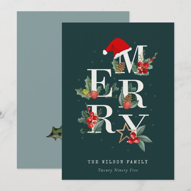 Elegant Red Green White Merry Christmas Foliage Holiday Card (Front/Back)