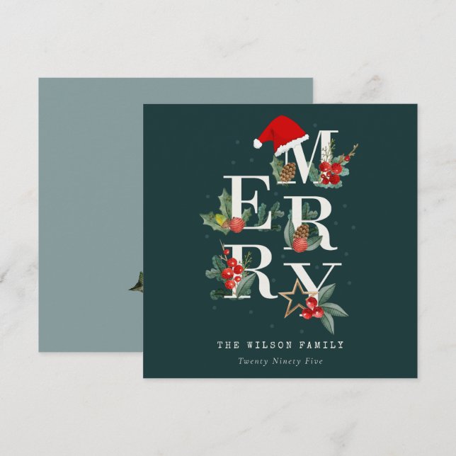 Elegant Red Green White Merry Christmas Foliage Holiday Card (Front/Back)