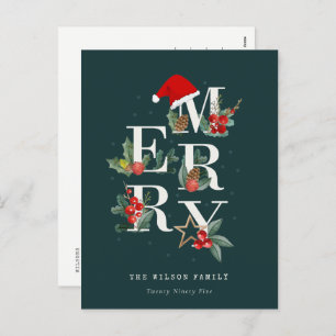 Elegant Red Green White Merry Christmas Foliage Holiday Postcard