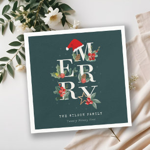 Elegant Red Green White Merry Christmas Foliage Napkin