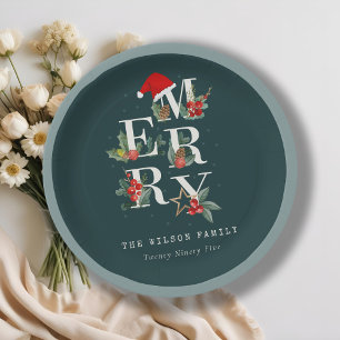 Elegant Red Green White Merry Christmas Foliage Paper Plate