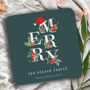 Elegant Red Green White Merry Christmas Foliage Square Paper Coaster