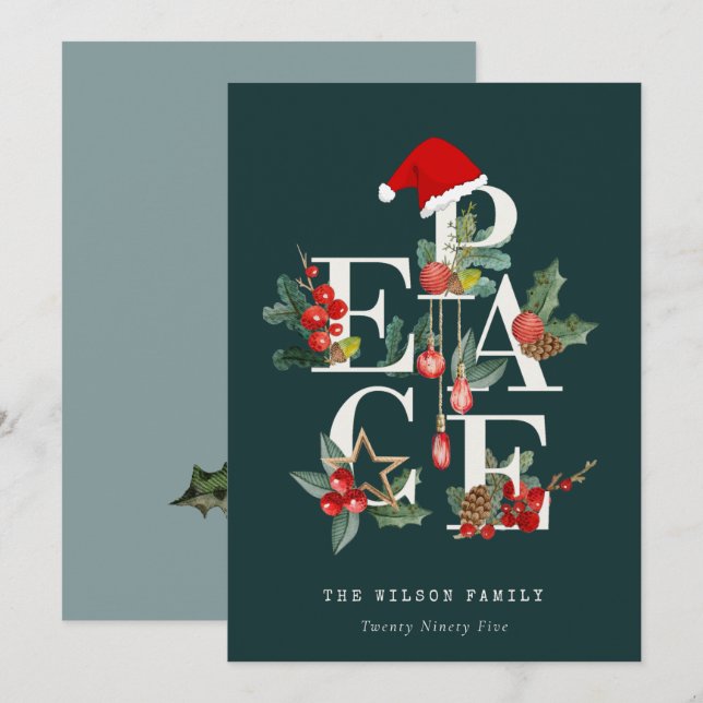 Elegant Red Green White Peace Christmas Foliage Holiday Card (Front/Back)