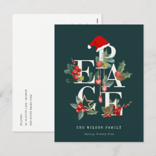 Elegant Red Green White Peace Christmas Foliage Holiday Postcard