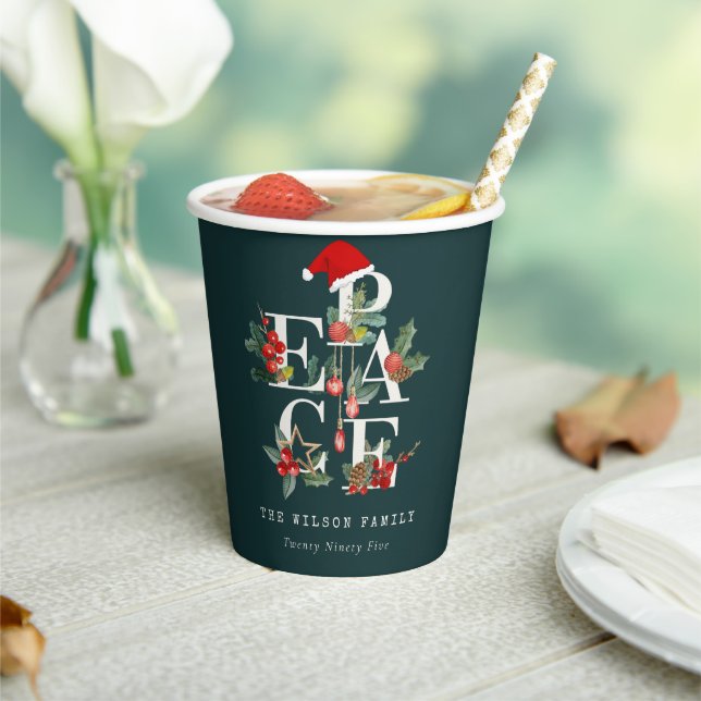 Elegant Red Green White Peace Christmas Foliage Paper Cups (Insitu)