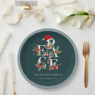 Elegant Red Green White Peace Christmas Foliage Paper Plate