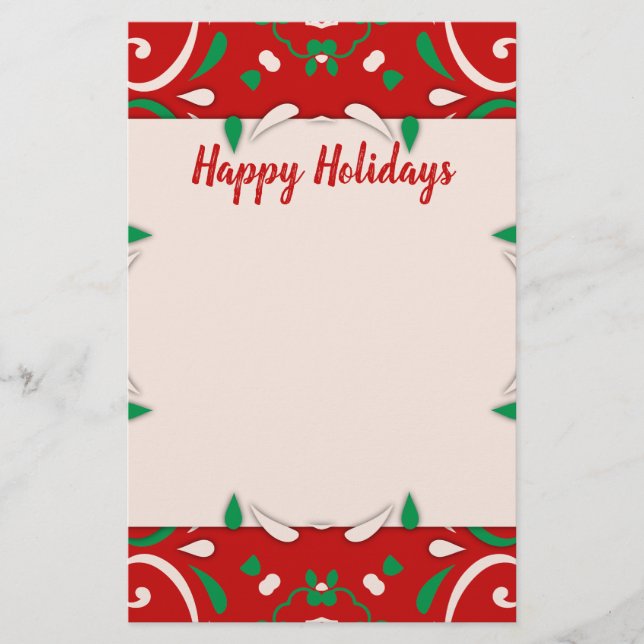 Elegant Red Green White Xmas Border Happy Holidays Stationery (Front)