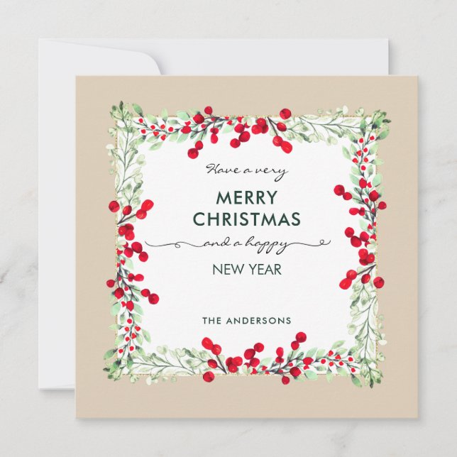 Elegant Red Green Winter Botanical Beige Christmas Holiday Card (Front)
