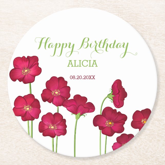 Elegant Red Growing Wildflower Birthday Party Round Paper Coaster (Front)
